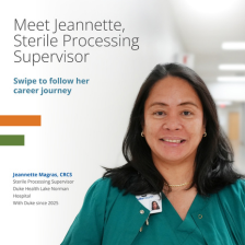 Jeannette, a Sterile Processing Supervisor, smiles in green scrubs. The text invites viewers to learn about her career journey by swiping to view more. 